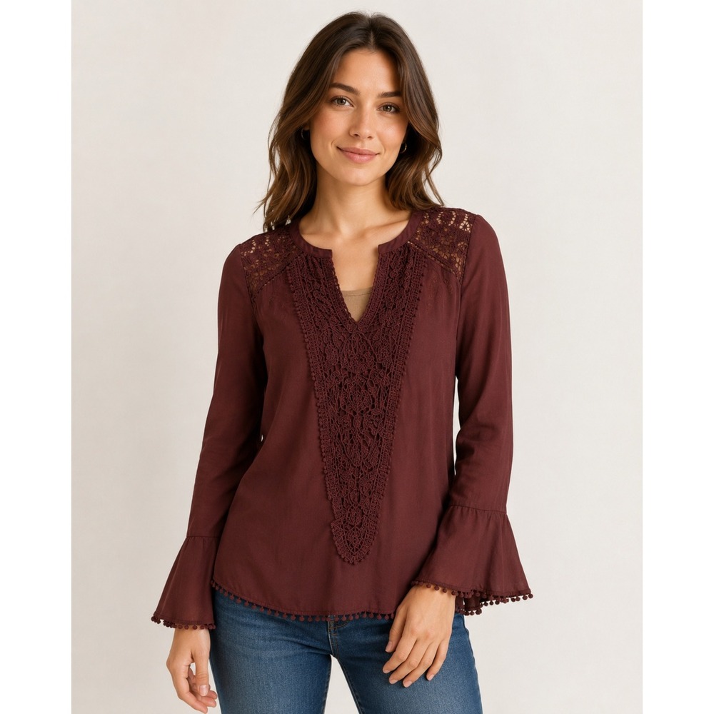 Coco + Jameson Burgundy Boho Blouse Crochet Lace Bell Sleeve Peasant Top